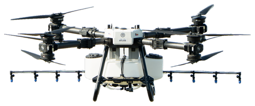Hylio ATLAS spray drone, front view, 30 gallon tank and 40 foot spray boom